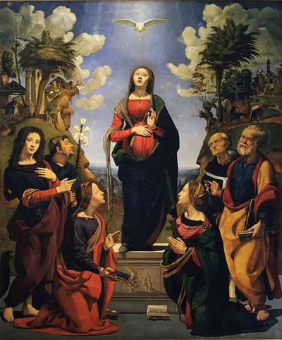 The incarnation of Jesus and the saints Philip Benizi, John the Evangelist, Catherine of Alexandria, Margaret, Peter and…