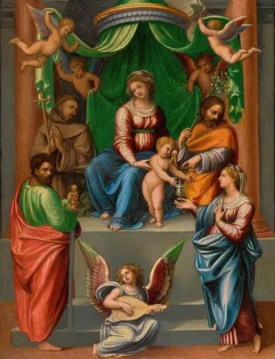 The Madonna and Child Enthroned, With Saint paul, Saint Francis Of Assisi, saint Joseph And mary Magdalen by Innocenzo da…