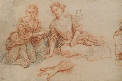 Two Young Women Seated on the Ground (recto) by Шарль де Ла Фосс, c. 1698 — digital art print download
