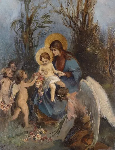 A Wreath Of Flowers For The Baby Jesus by Carl Rahl — digital art print download