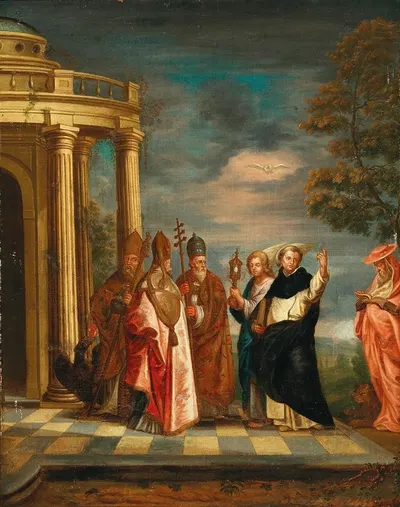 Saint Thomas Aquinas With Saints Ambrose, Augustine, Pope Gregory The Great And Jerome Contemplating The Blessed Sacrament…