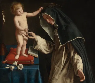 St. Catherine Of Siena Receiving The Crown Of Thorns from The Christ Child by Джованни Баттиста Сальви да Сассоферрато —…