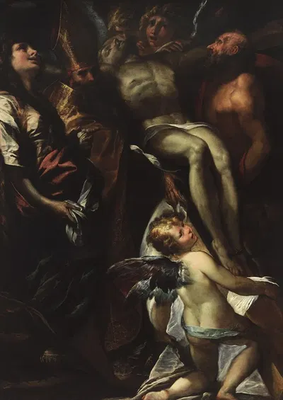 The Lowering Of The Cross With Sts Mary Magdalene, Augustine, Jerome And Angels by Giulio Cesare Procaccini — digital art…