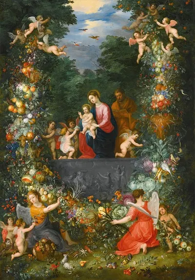 The Holy Family Within A Garland Of Fruit, Flowers And Vegetables Held By Angels by Ян Брейгель младший — digital art print…