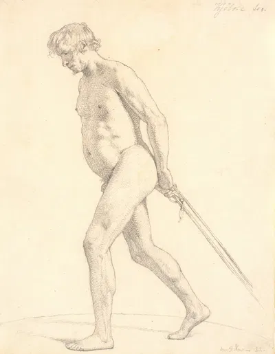 Gående mandlig akademimodel, der trækker i tove by Кристен Кёбке, 1832 — digital art print download
