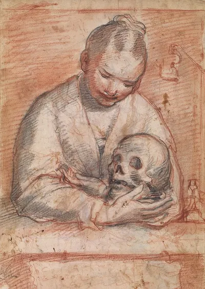 St Mary Magdalen with a skull in her arms by Alessandro Casolani, 1552 – 1607 — digital art print download