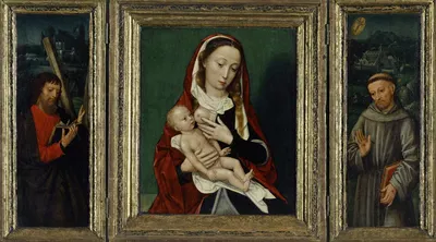 The Virgin with Child (central panel); Saints Andrew and Francis (inner side) Triptych by Амбросий Бенсон, 1530 — digital…