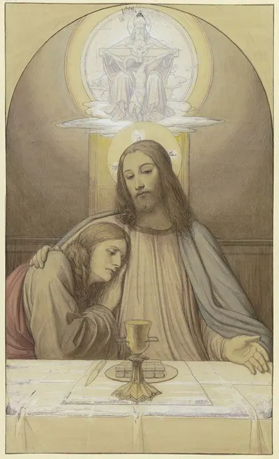 Christ with his favorite disciple John, half-length figures at the table of the Last Supper, above them the Trinity by…