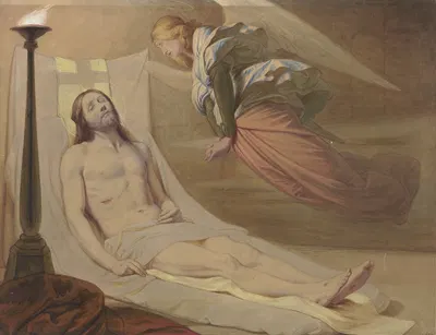 Christ in the grave, a mourning angel hovering over him by Эдуард фон Штайнле, 1851 — digital art print download