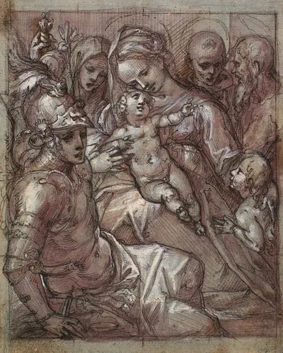 The Virgin Mary and the Child Jesus with John the Baptist as a boy, Bernardino of Siena, Kathrine of Siena, the archangel…