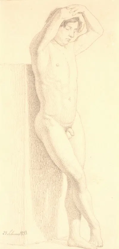 Stående mandlig model med armene samlet over hovedet. Vendt mod højre by Christen Købke, 1833 — digital art print download