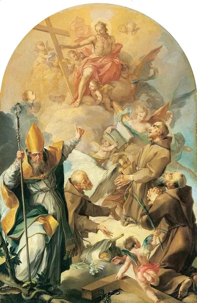 Three Capuchin Saints and a Bishop Worshipping Christ and the Cross by Giovanni Lanfranco, 1630 — digital art print download