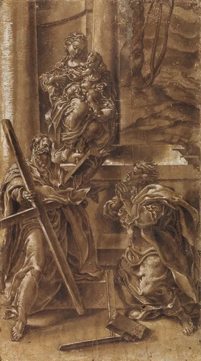 Madonna med barnet samt apostlen Andreas (t.v.) og den hellige Judas (t.h.) by Lelio Orsi, 1526 – 1587 — digital art print…