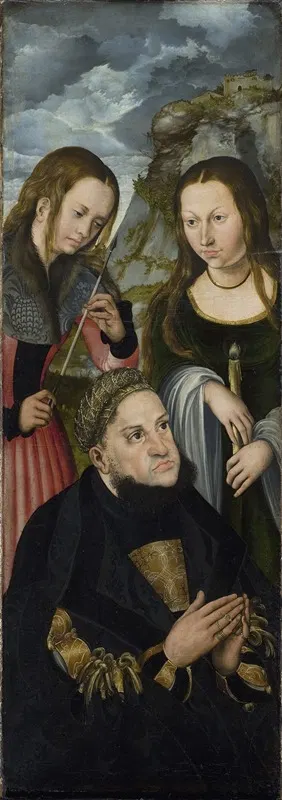 The Elector Frederic the Wise of Saxony (1463-1525) with the Saints Ursula (left) and Genevieve (right) by Lucas Cranach…