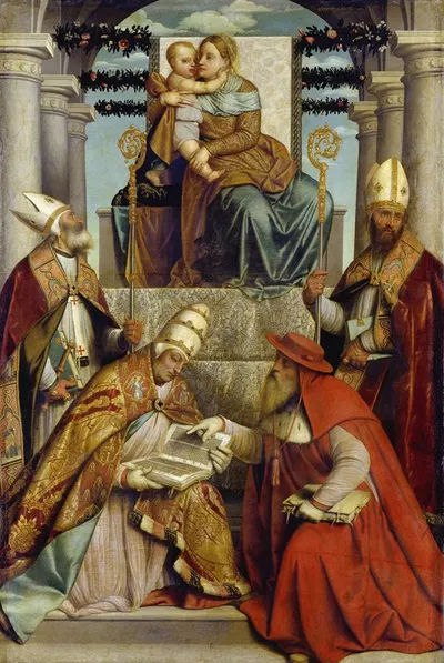 Virgin and Child Enthroned with the Four Fathers of the Latin Church by Моретто да Брешия — digital art print download