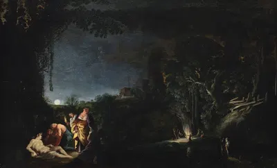 Måneskinslandskab med mytologisk motiv by Мойсес ван Уйтенбрук, 1622 - 1626 — digital art print download