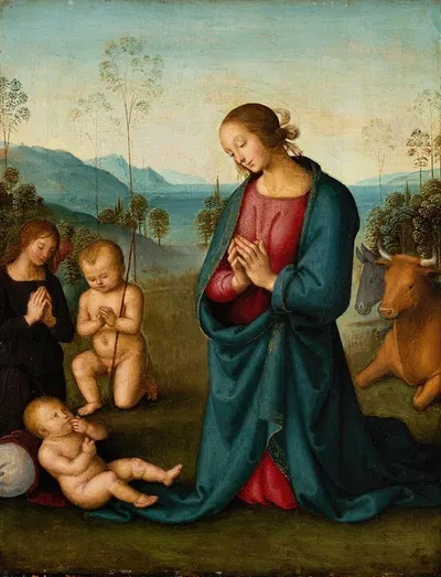 Madonna, the Infant St. John and an angel, worshiping the Christ Child by Пьетро Перуджино — digital art print download