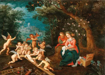 The Holy Family with Angels playing on the Cross by Адриен ван Сталбемт — digital art print download