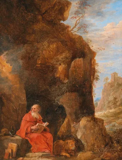 A landscape with Saint Jerome outside a grotto by Давид Тенирс Младший — digital art print download