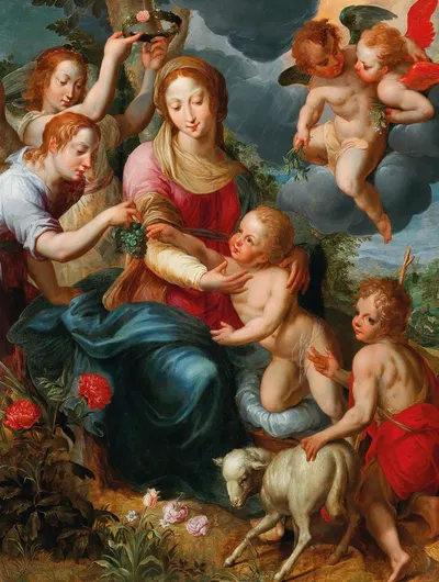 The Virgin and Child with the Infant Saint John the Baptist surrounded by angels by Denys Calvaert — digital art print…
