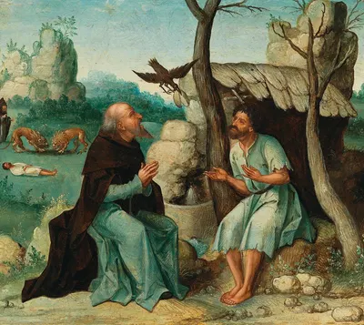 Saint Paul the Hermit and Saint Anthony Abbot fed by a raven by Голландская школа — digital art print download