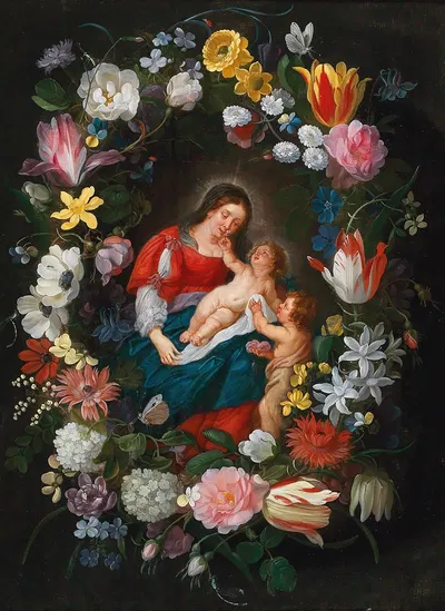 The Virgin and Child with the Infant Saint John the Baptist surrounded by a garland of flowers by Ян Брейгель младший —…