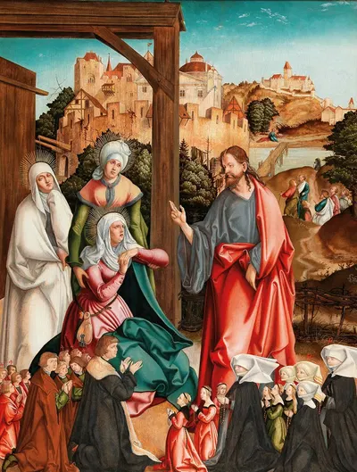 Christ taking leave of his Mother, with a donor family kneeling in the foreground by Jörg Breu The Elder — digital art…