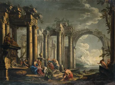 The Adoration of the Magi, in a landscape with ruins by Lombard School — digital art print download