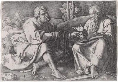 Saints Peter and Paul Seated in a Landscape by Лукас Ван Лейден, 1527 — digital art print download