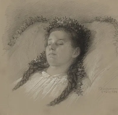 A Girl on Her Deathbed with a Crown of Flowers by Эдуард Юлиус Фридрих Бендеман, 1882 — digital art print download