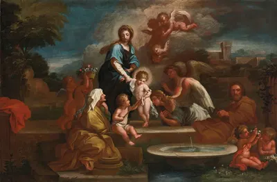 Holy family with angels in a landscape by Luigi Garzi — digital art print download
