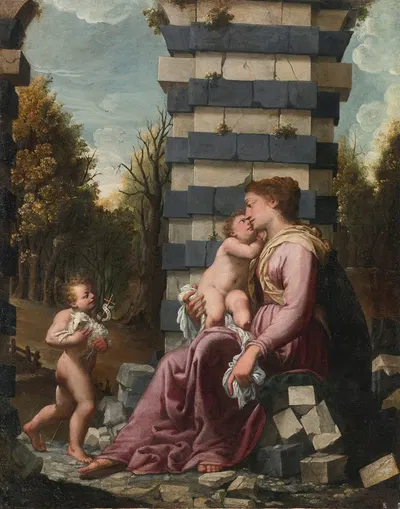 MADONNA AND CHILD WITH THE INFANT SAINT JOHN THE BAPTIST, AMONG ARCHITECTURAL RUINS, A LANDSCAPE BEYOND by Итальянская…