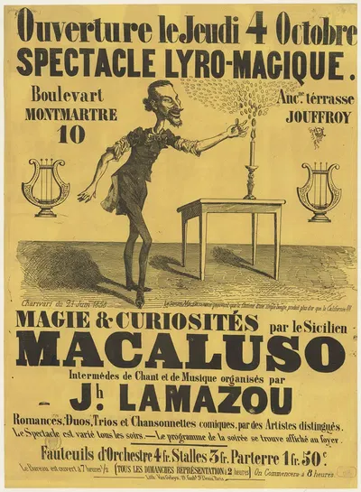 Ouverture le jeudi 4 octobre. Spectacle lyro-magique by Lith. Van Geleyn, 1858 — digital art print download