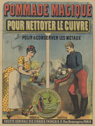 Pommade magique pour nettoyer le cuivre, polir et nettoyer les métaux by Lith. Van Geleyn, 1885 — digital art print download