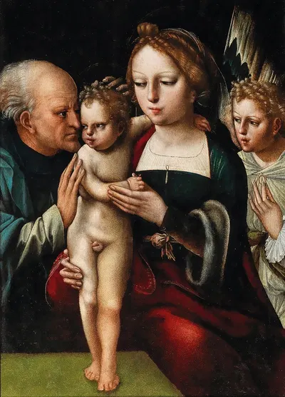 The Madonna and Child, with Saint Eligius and an Angel by The Master of the Parrot — digital art print download