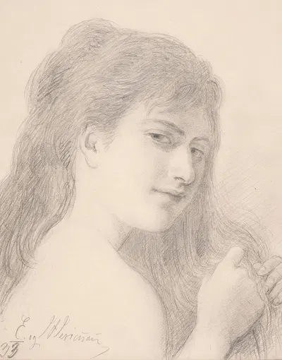 Brystbillede af en kvinde, der fletter sit hår by Elisabeth Jerichau Baumann, 1833 — digital art print download