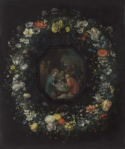Garland of Flowers with Adoration of the Shepherds by Франс Франкен Младший — digital art print download