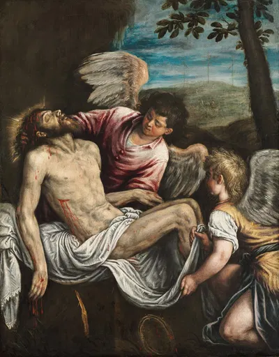 The Dead Christ with Angels by Leandro Bassano, c. 1580 — digital art print download