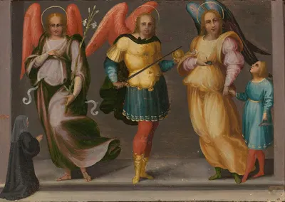 Archangels Gabriel, Michael, and Raphael with Tobias and a Female Donor by Master of Serumido — digital art print download