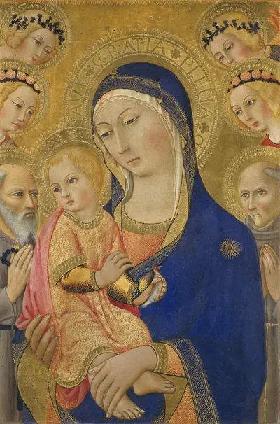 Madonna and Child with Saint Jerome,Saint Bernardino and Angels by Sano di Pietro — digital art print download