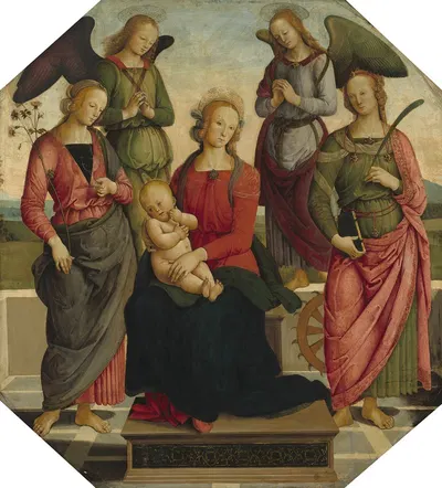 Madonna and Child with Two Angels, Saint Rose and Saint Catherine of Alexandria by Follower of Pietro Perugino — digital…