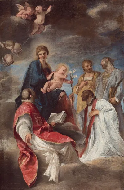 The Madonna and Child with Saints Ignatius of Loyola, Francis Xavier, Cosmas and Damian by Andrea Sacchi, 1629 — digital…
