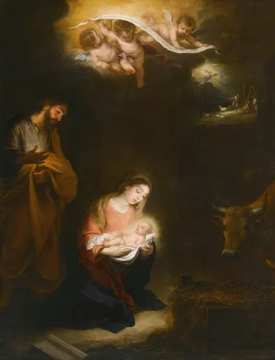 A Nocturnal Scene With The Nativity And The Annunciation To The Shepherds Beyond by Bartolomé Estebán Murillo — digital art…