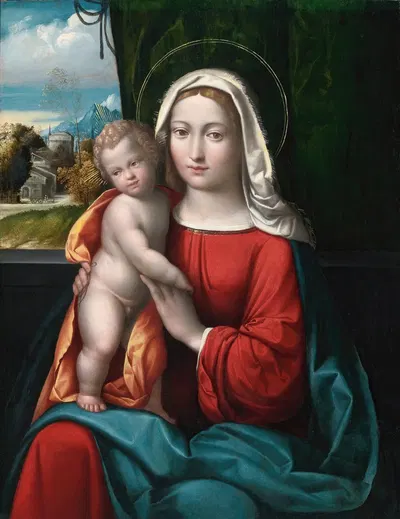 Madonna And Child Before A Curtain, A Mountainous Landscape Beyond by Бенвенуто Тизи (Ил Гарафало) — digital art print…