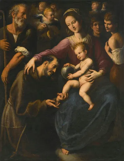 The Holy Family With Saint Francis Of Assisi Adoring The Christ Child, With Two Youths And Angels Above by Fabrizio…
