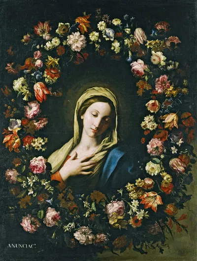 A Flower Garland Surrounding The Virgin Annunciate by Francesco Caldei — digital art print download