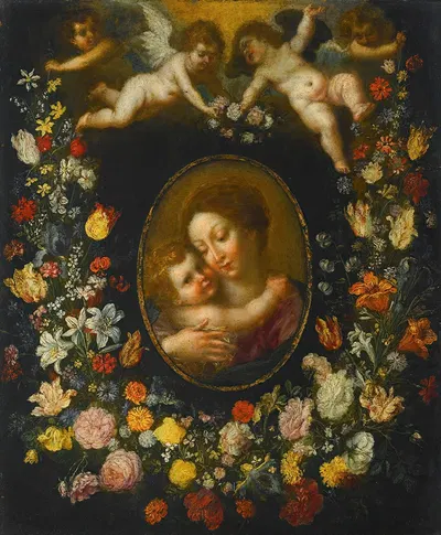 A Garland Of Flowers Encircling An Oval Of The Virgin And Child Born Aloft By Angels by Мастер Ян Брейгель Младший —…