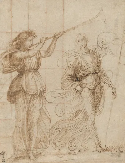 One Angel Blowing a Trumpet, and Another Holding a Standard by Fra Bartolomeo, c. 1500 — digital art print download