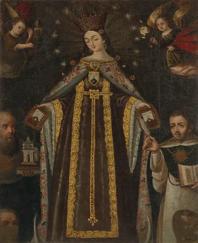The Virgin surrounded by saints and angels by Cuzco School — digital art print download