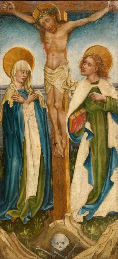 Christus am Kreuz zwischen den Assistenzfiguren Maria und Johannes by Meister des Friedrichsaltars — digital art print…